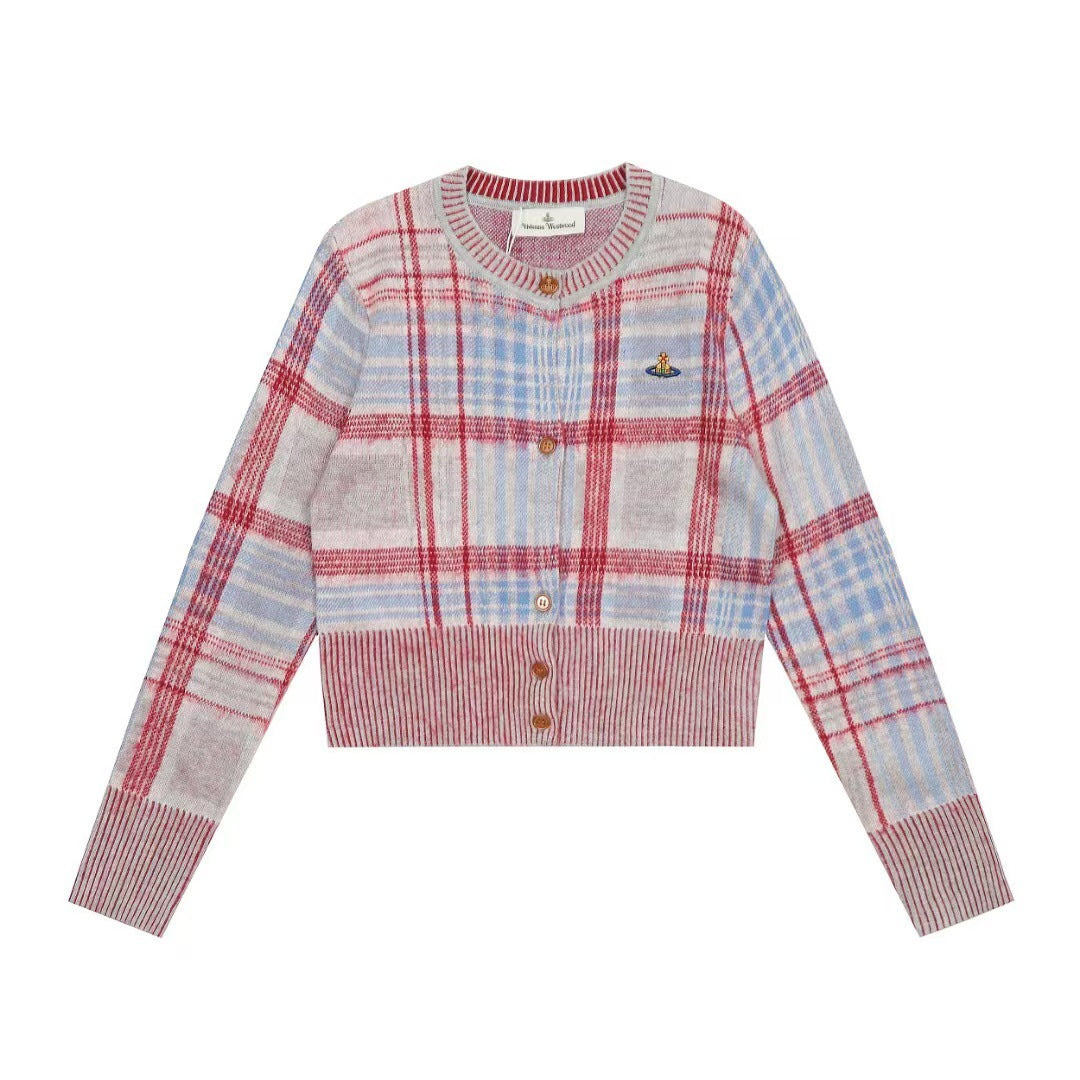 Plaid Cotton-Wool Cardigan