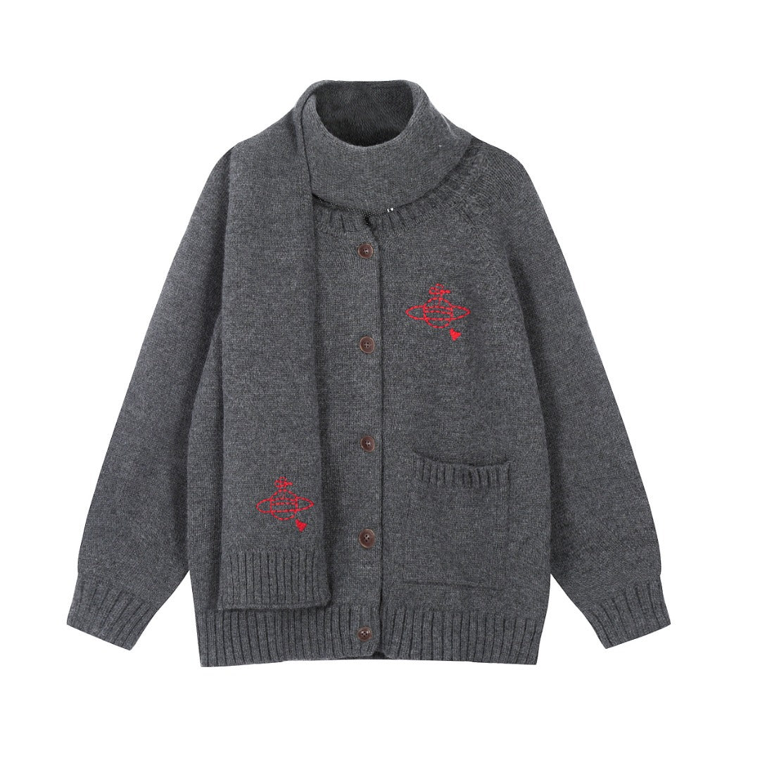 Scarf-Collar Cotton Sweater