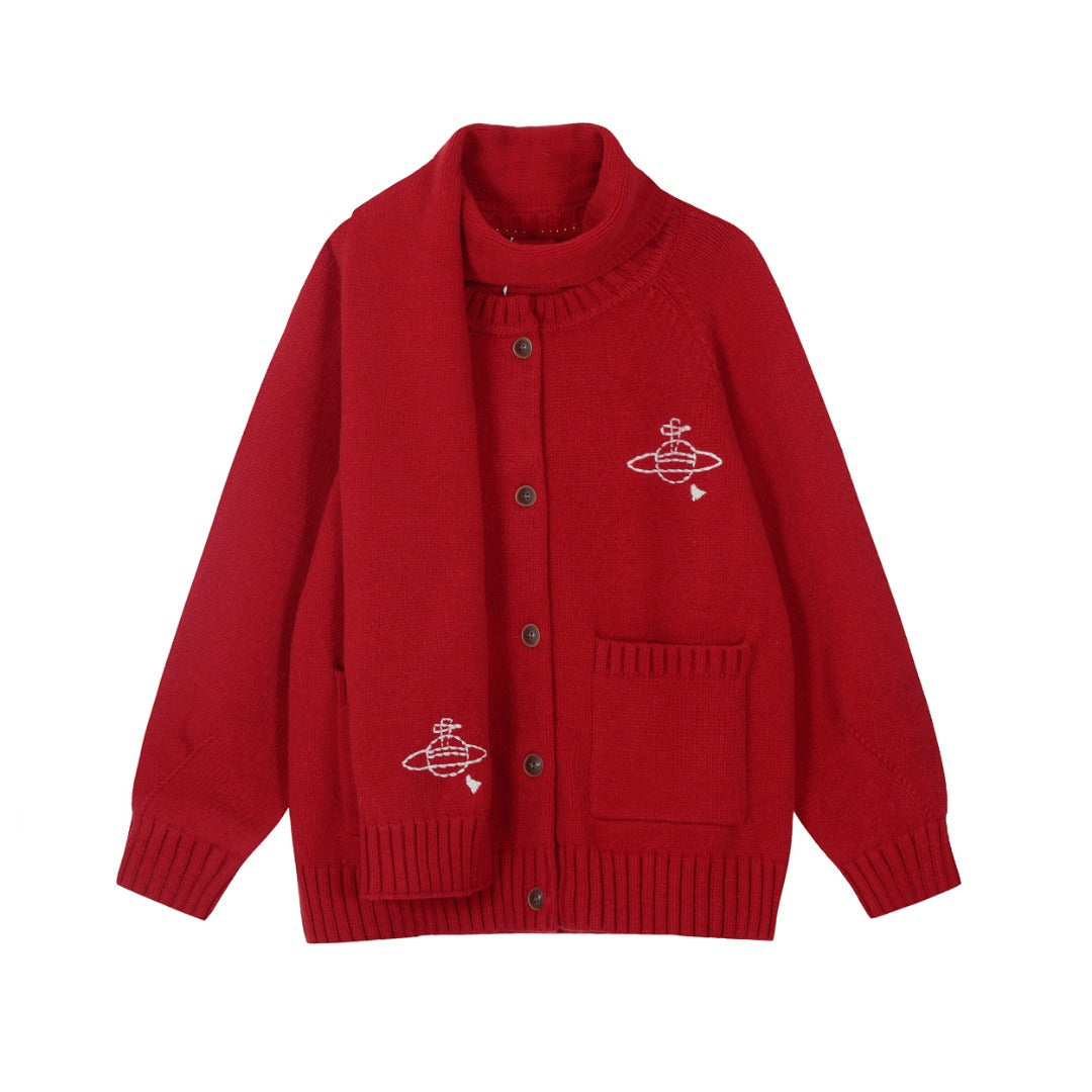 Scarf-Collar Cotton Sweater