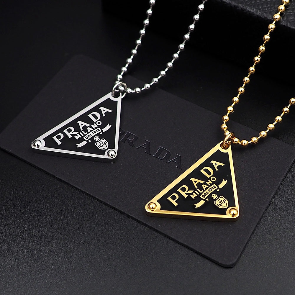 PRADA Black enamel triangle logo necklace