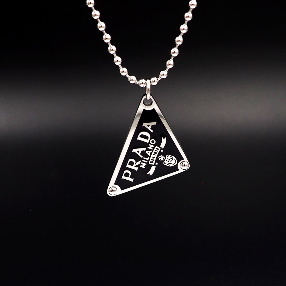 PRADA Black enamel triangle logo necklace
