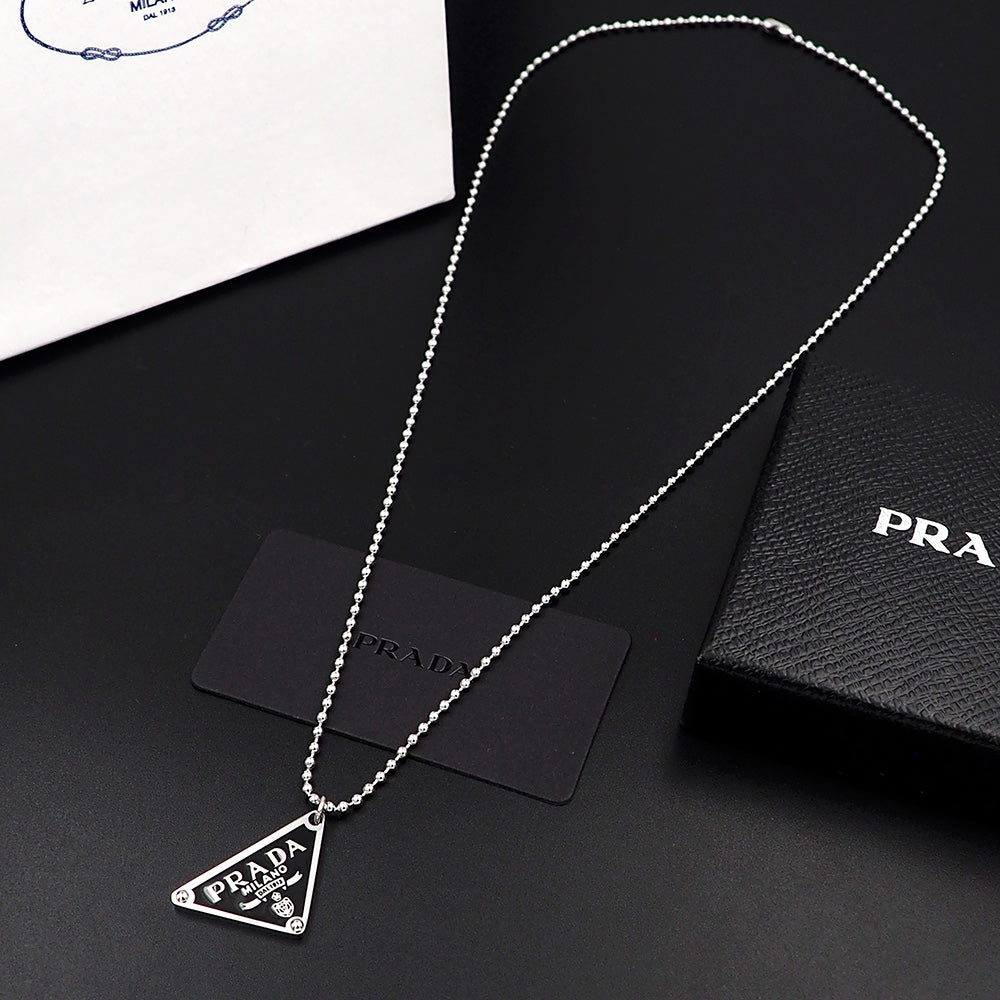 PRADA Black enamel triangle logo necklace