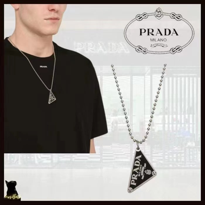 PRADA Black enamel triangle logo necklace
