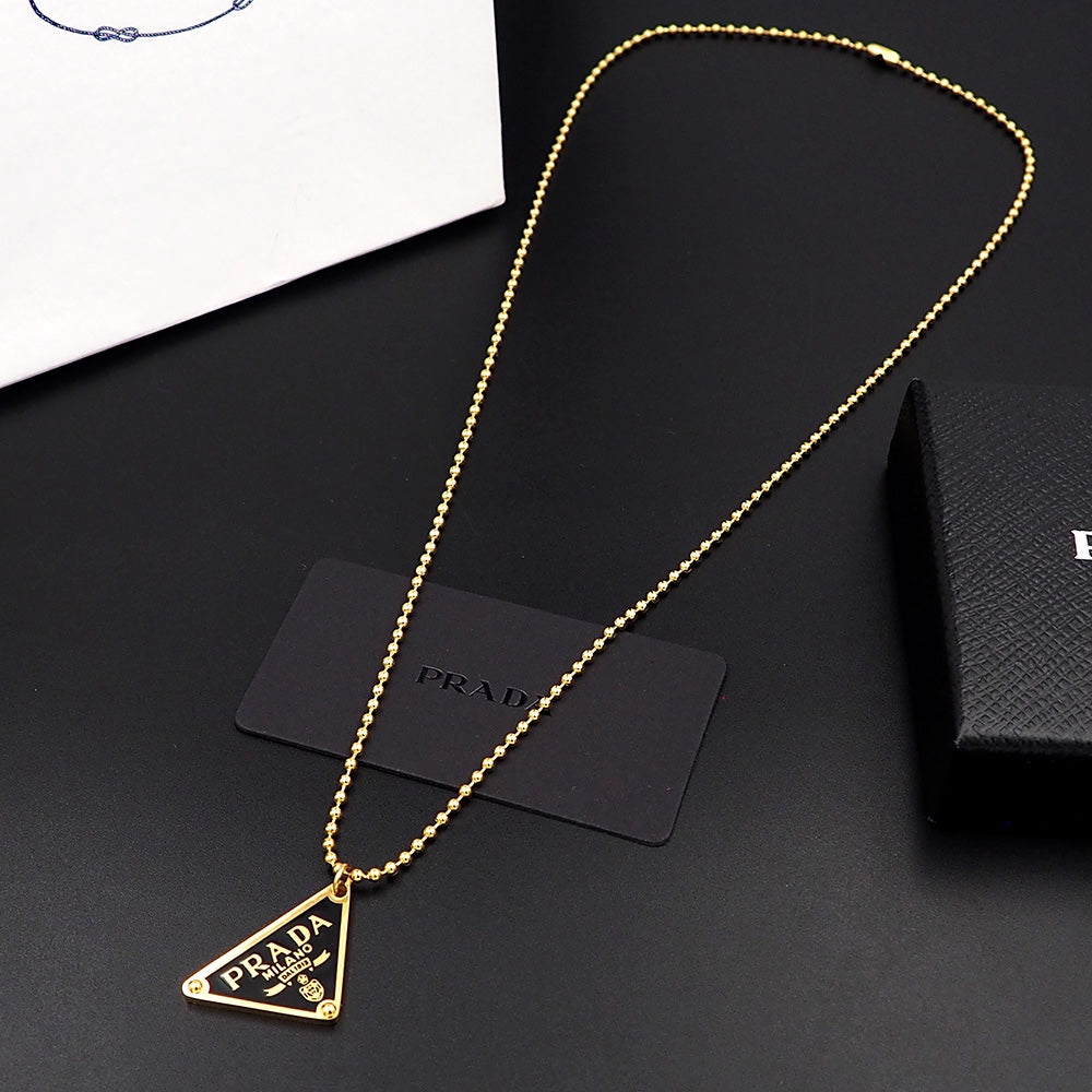 PRADA Black enamel triangle logo necklace