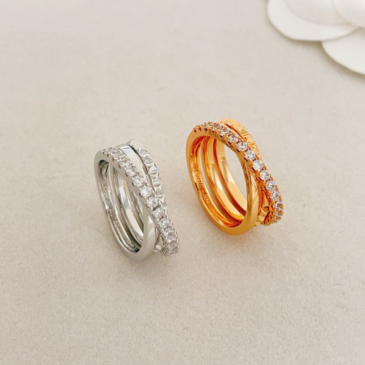 Cartier Silver Diamond-Set Triple-Band Stud Ring